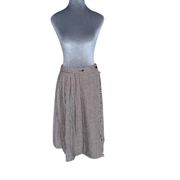 Vintage Plaid High-Waisted Pleated Midi Skirt Size 13 Polyester Blend Black Red - Picture 1 of 7